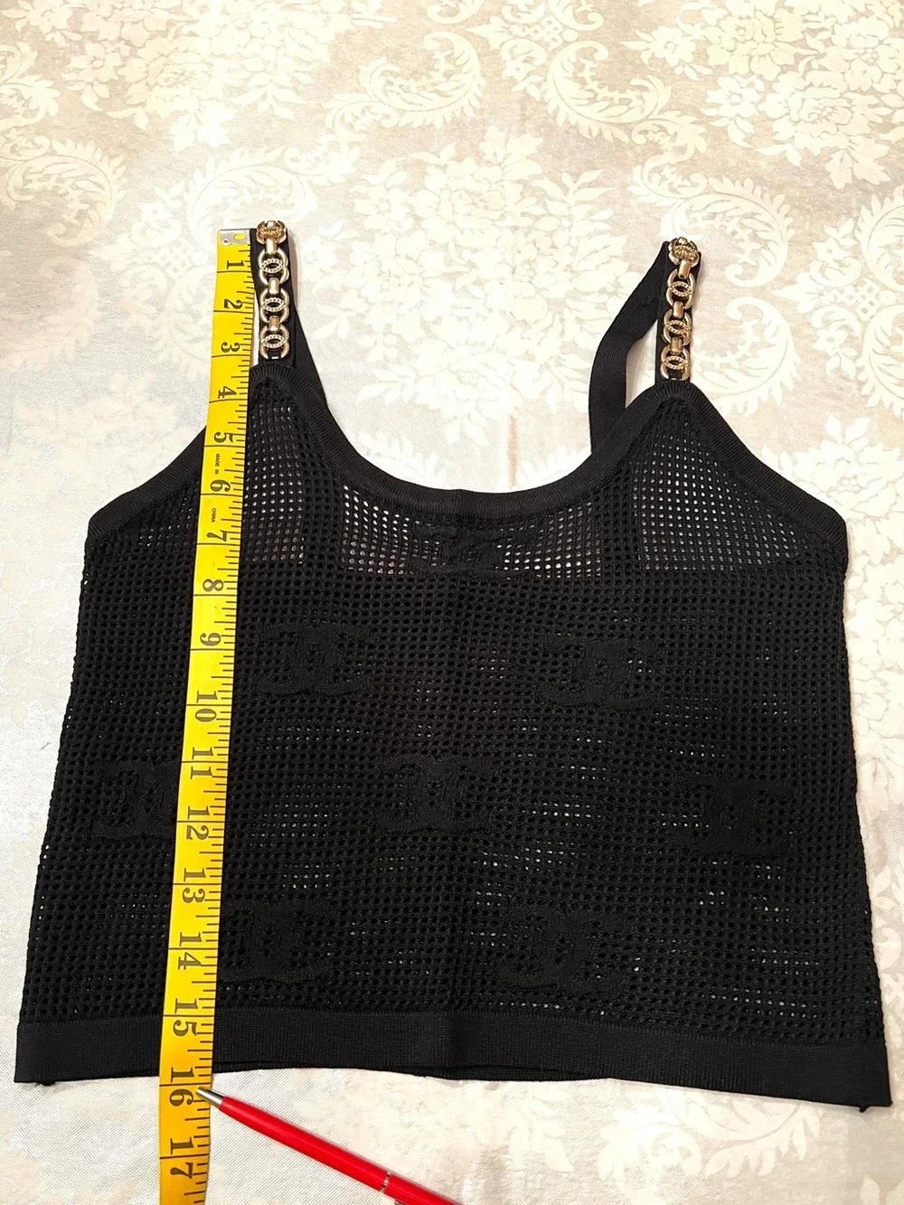 CHANEL White Knit Tee with Black Mesh Overlay Top size XS